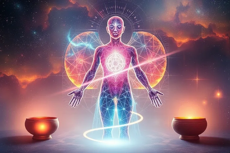 Silueta energética humana con colores vibrantes y patrones de luz, rodeada de instrumentos de sanación sonora antiguos