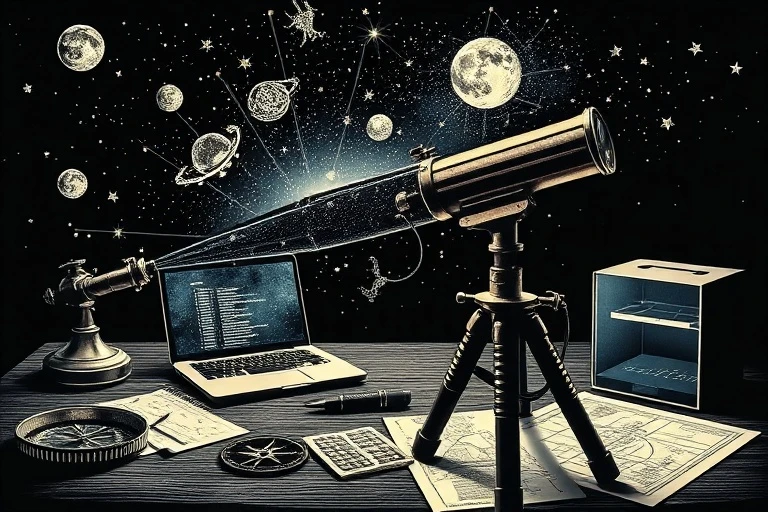 Representación artística de un telescopio y elementos tecnológicos, simbolizando la fusión de la astrología y la tecnología en la orientación profesional.