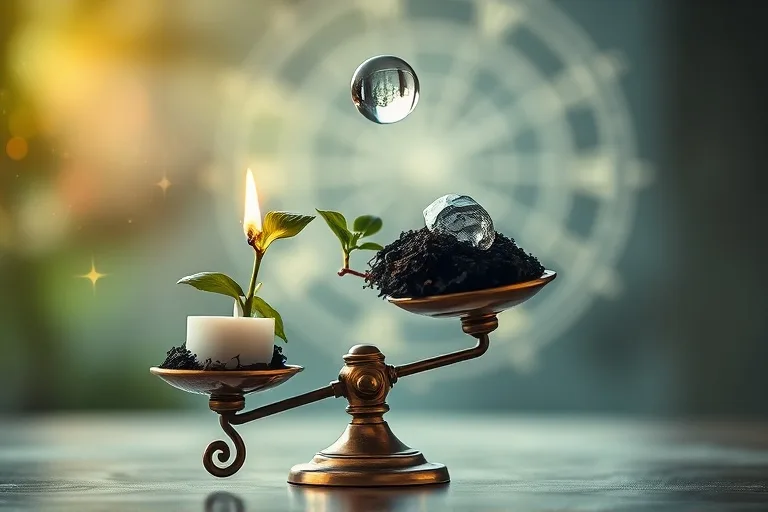 Balanza conceptual con elementos de la naturaleza representando el equilibrio de la salud