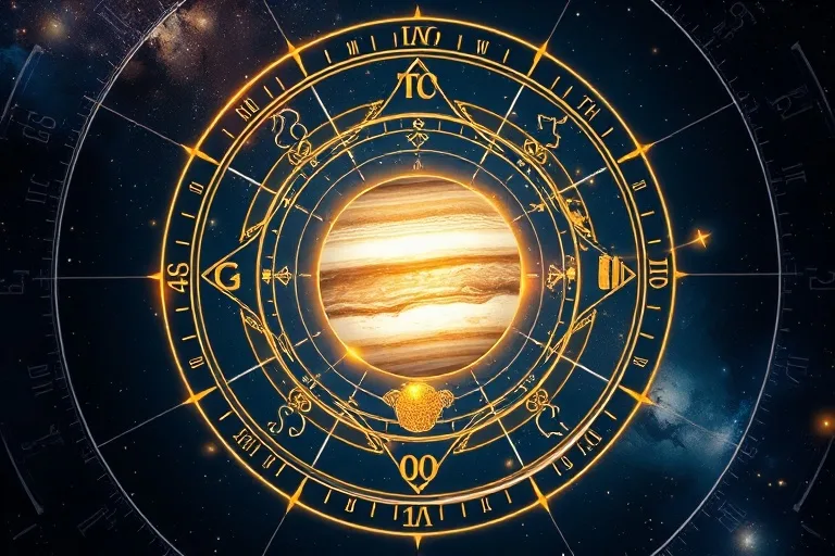 Reloj cósmico con símbolo de Júpiter y elementos de prosperidad