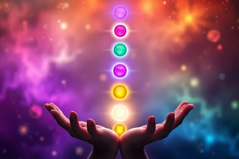 Ilustración detallada de los siete chakras principales en equilibrio, con manos etéreas que sugieren sanación.