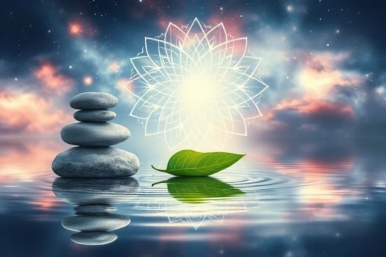 Un bodegón conceptual con elementos que representan la calma y la conexión con la naturaleza, como piedras zen, una vela encendida y hojas verdes.