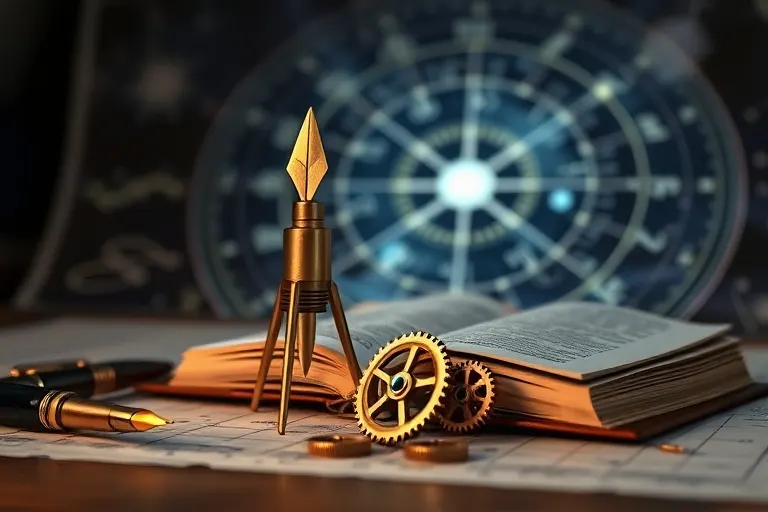 Herramientas profesionales y libro iluminado