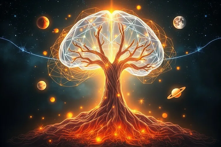 Cerebro humano y árbol de la vida, planetas influyendo en el crecimiento