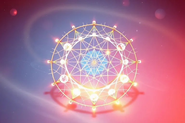 Patrón geométrico brillante, ondas de luz, esferas planetarias abstractas