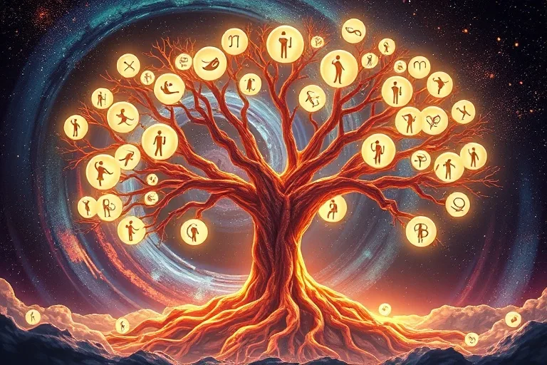 Árbol de luz ramificado en burbujas de multiversos, figuras humanas dentro, símbolos astrológicos