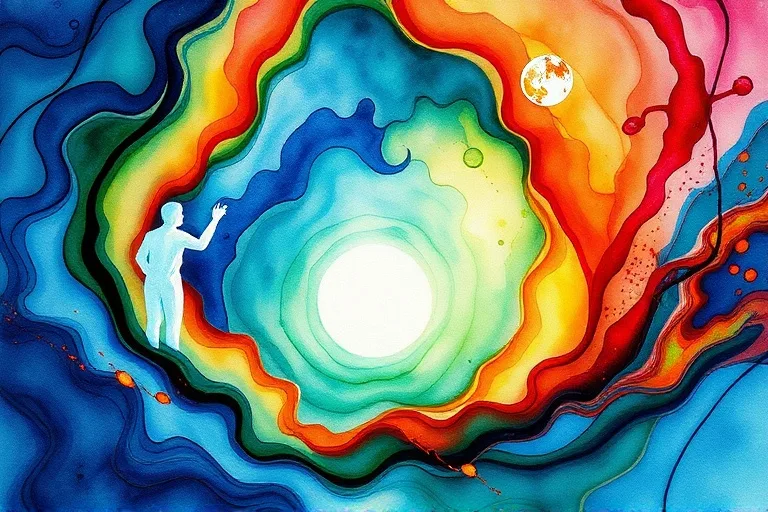Pintura abstracta de la influencia cósmica en las emociones humanas.