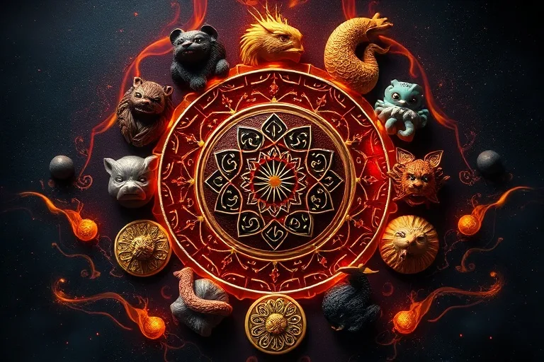 Representación de los doce animales del zodiaco chino en un círculo armonioso, rodeados de elementos naturales y energía Qi.