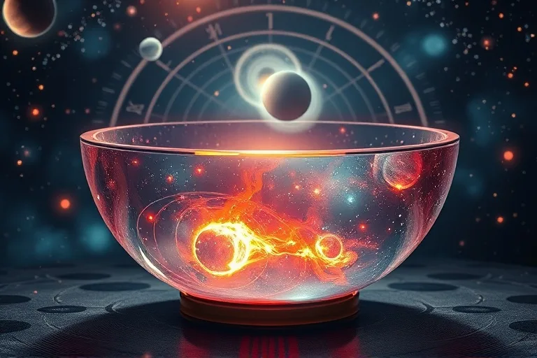 Cuenco tibetano emitiendo ondas sonoras con reflejos planetarios