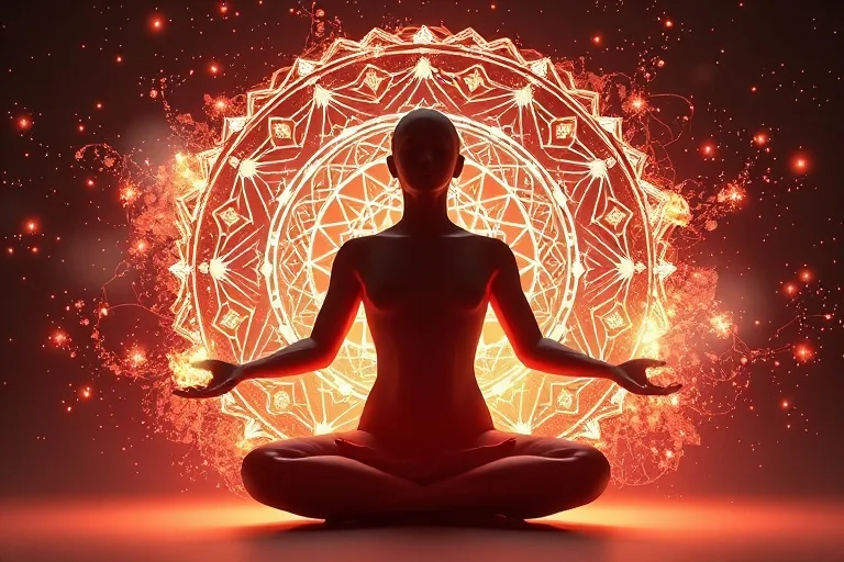 Representación abstracta de energía cuántica formando patrones geométricos alrededor de una figura meditativa