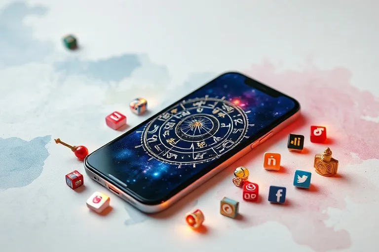 Smartphone con símbolos astrológicos y logos de redes sociales