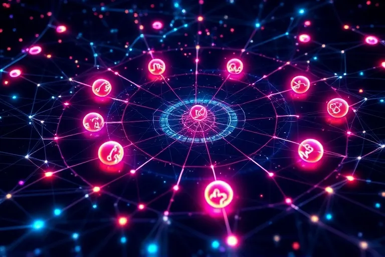 Flujo de datos digitales con símbolos cósmicos abstractos
