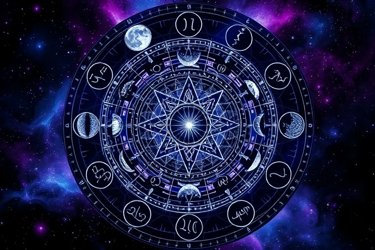 Mandala cósmico con símbolos lunares y zodiacales entrelazados