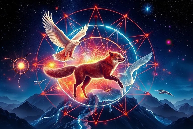 Animales espirituales emergiendo de líneas de energía cósmica