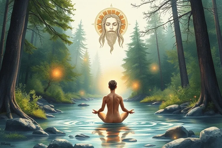 Figura meditando en la naturaleza con espíritus elementales y guía ancestral