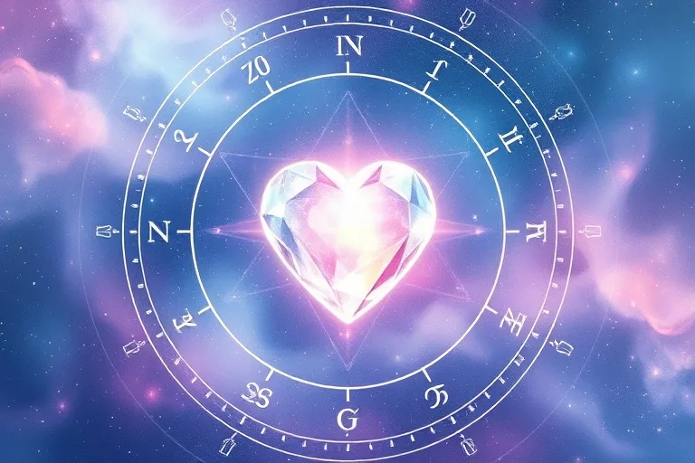 Corazón de cristal con órbitas planetarias y energía curativa