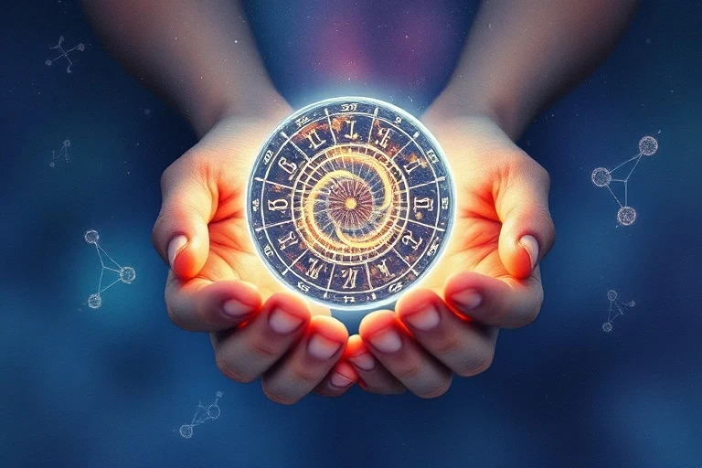 Manos sosteniendo un orbe cósmico con números y símbolos de Tarot