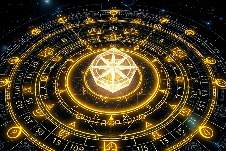 Laberinto de números y caminos con una carta de Tarot cristalina flotando en el centro