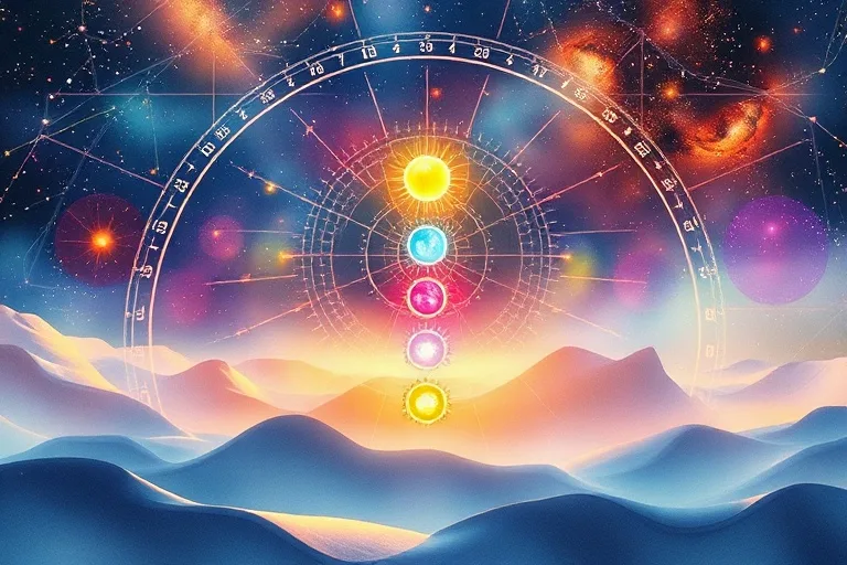 Pintura acuarela de siete símbolos de chakras vibrantes conectados por líneas de energía, en un paisaje sereno