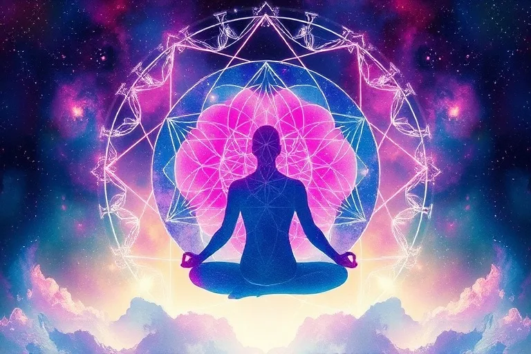 Persona meditando rodeada de patrones de geometría sagrada y luz etérea