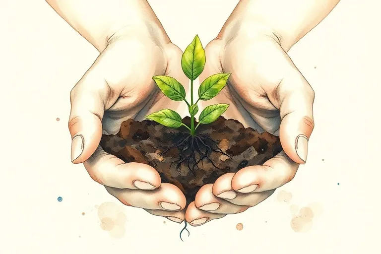 Manos sosteniendo una pequeña planta verde que brota de la tierra húmeda, simbolizando el crecimiento y la conexión con la naturaleza.