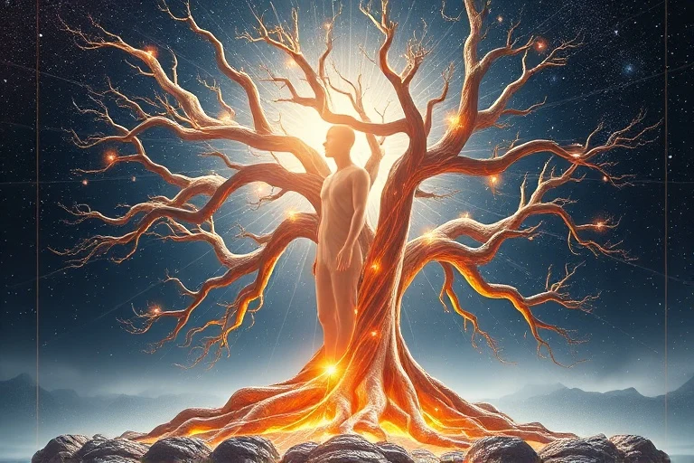 Silueta humana estilizada conectada a un árbol con raíces profundas y ramas que se extienden hacia un cielo estrellado, simbolizando la unión espiritual con la naturaleza.