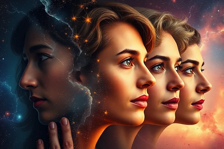 Mosaico de rostros diversos con patrones celestiales