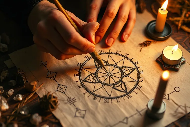 Hands drawing sigils with quill