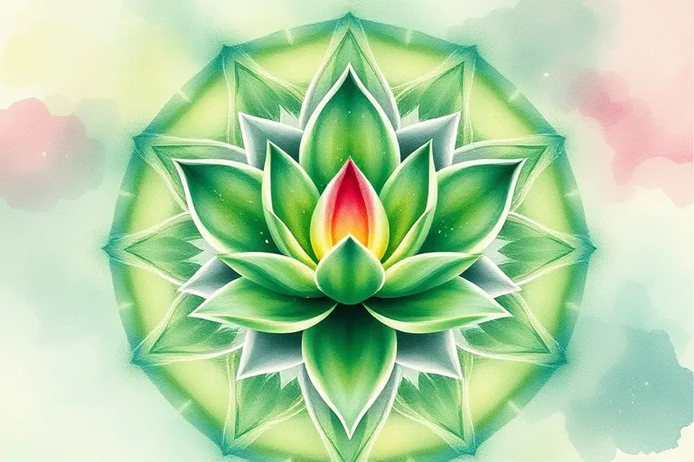 Watercolor painting of a green lotus with rose and geranium essential oil droplets, symbolizing the Heart Chakra and emotional balance.