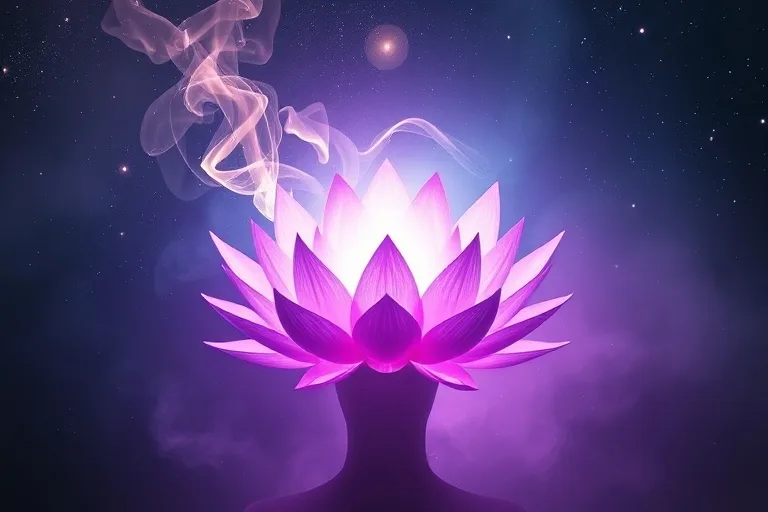 3D render of a violet lotus with frankincense and sandalwood smoke, symbolizing the Crown Chakra and spiritual enlightenment.