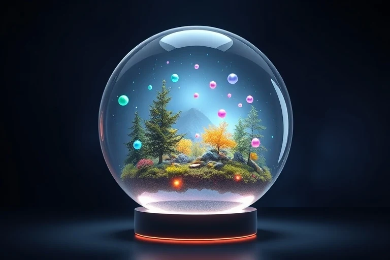 3D render of a sphere containing an evolving landscape, symbolizing a year's emotional journey