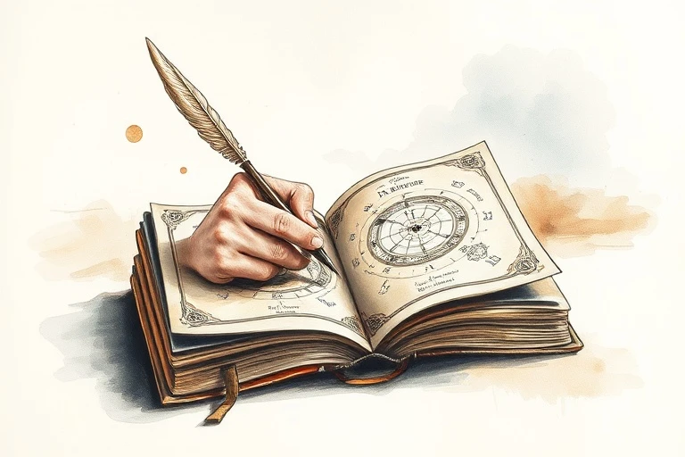 Stylized hand holding a quill over an ancient book with astrological symbols