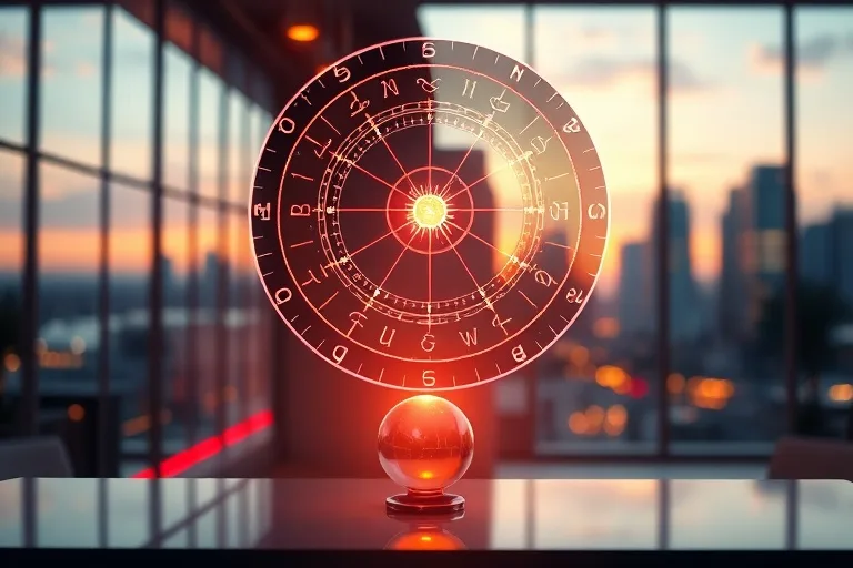 Holographic astrological chart highlighting career houses over a modern desk
