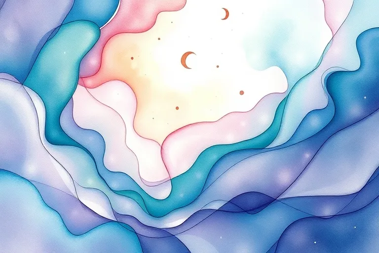 Abstract watercolor painting of flowing emotions and energy, with lunar phases and celestial elements.