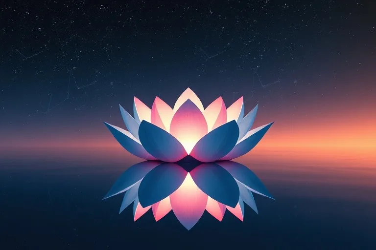 Stylized 3D render of a glowing lotus flower on a reflective pool under a starry sky, representing tranquility and spiritual growth.