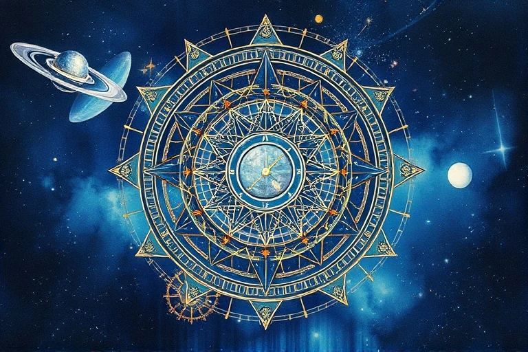 Watercolor depiction of clockwork gears intertwined with planetary orbits and constellations.