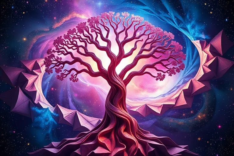 3D render of a cosmic tree with roots in a nebula and branches reaching galaxies, symbolizing universal connection.