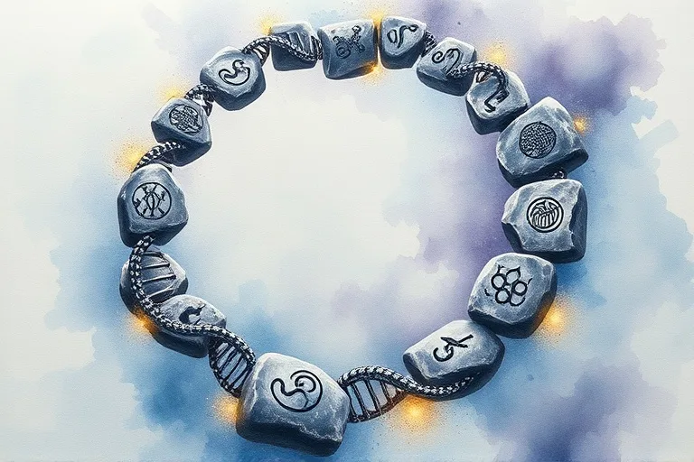 Abstract watercolor of genetic helix strands flowing into ancient, weathered stones, symbolizing inherited family patterns.