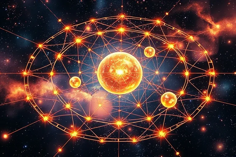 3D render of a glowing cosmic web with planetary spheres and a central Imum Coeli, illustrating interconnectedness and ancestral influence.
