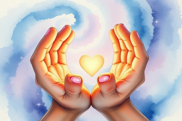 Hands gently holding a glowing heart, symbolizing self-compassion