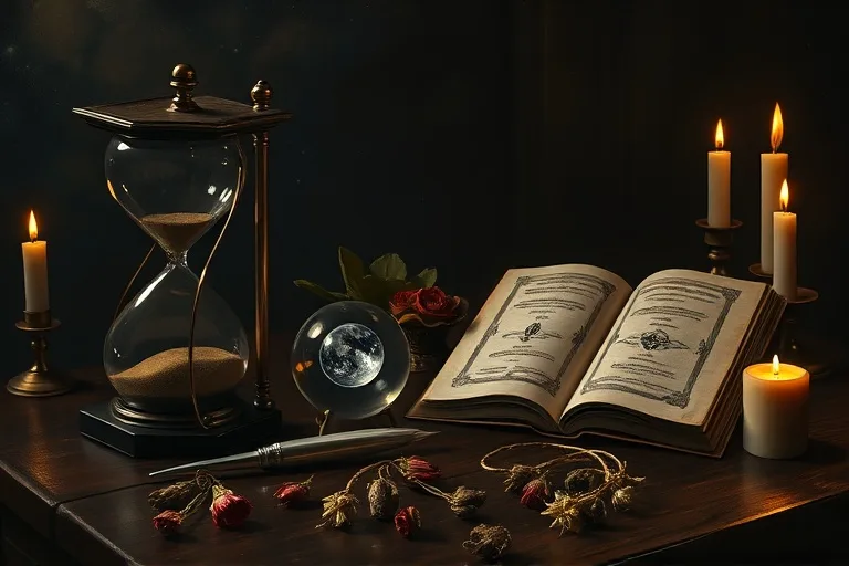 Esoteric tools on an antique table, including an hourglass and a crystal ball
