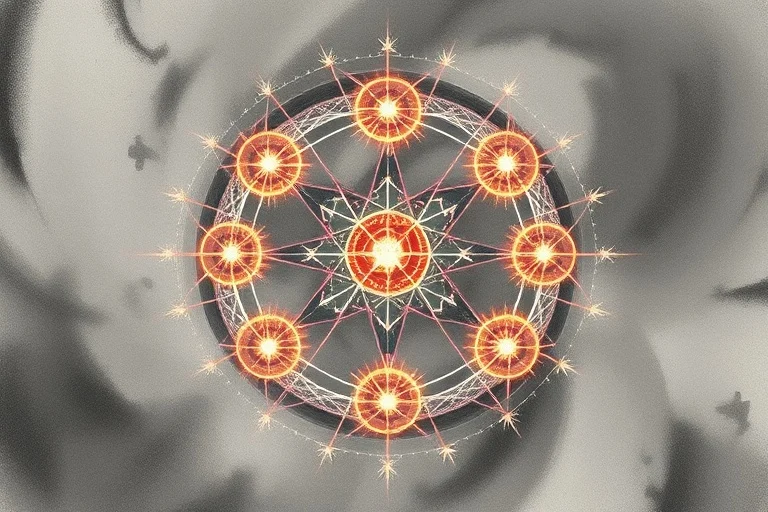 Abstract digital art of ten glowing Sephiroth spheres interconnected by geometric patterns.