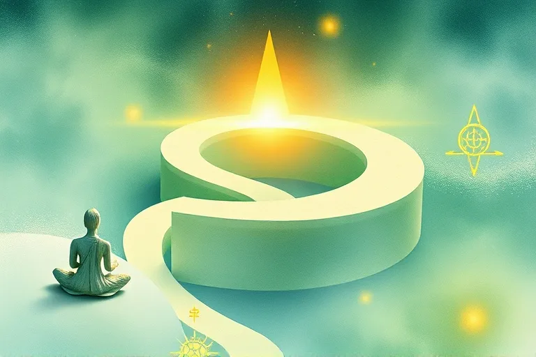 Watercolor painting of a winding path through symbolic elements, representing a journey of self-discovery.