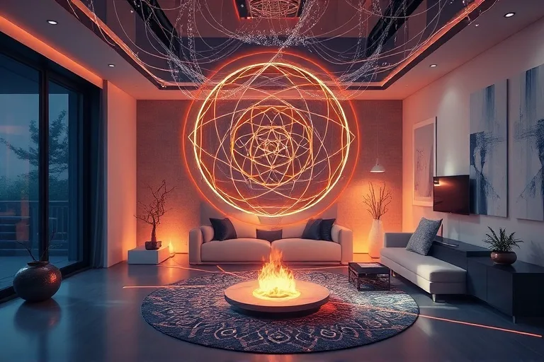 Diagram of a home with energy flow lines and elemental symbols