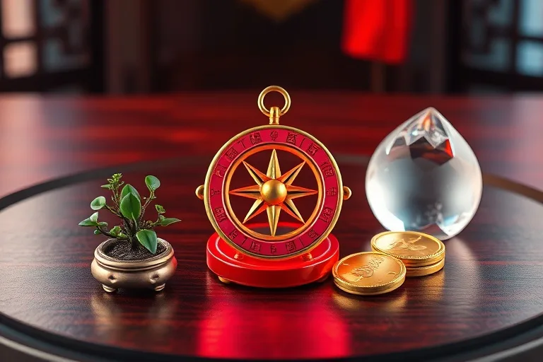 A miniature Chinese compass (Luopan) surrounded by symbolic items like a jade plant and gold coin