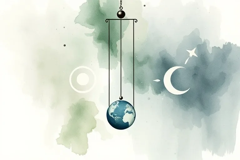 Abstract watercolor painting of a pendulum with subtle planetary symbols