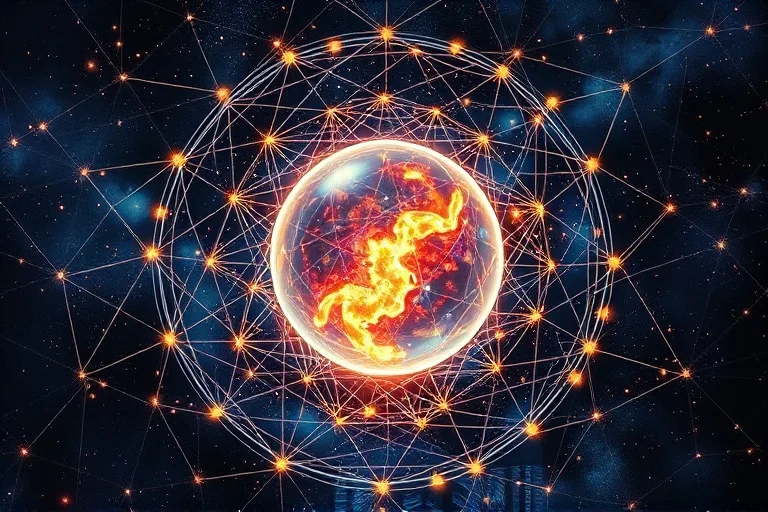 3D render of an intricate web of glowing threads centered on a transparent sphere