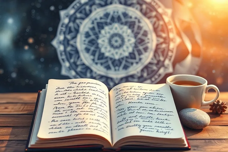 Watercolor painting of a journal, meditation stone, and herbal tea, symbolizing daily mindful reflection and self-care.