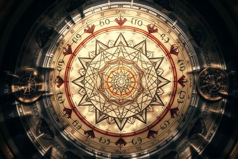 Abstract view of layered, translucent astrological charts revealing hidden patterns