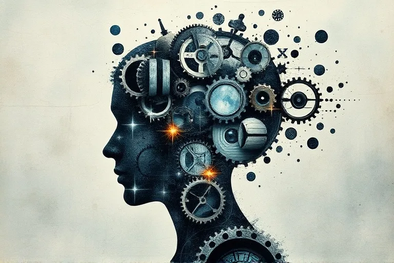 An abstract digital painting of a human silhouette with a brain made of distorted mirrors and gears, illustrating cognitive biases.